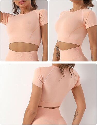 Women's Seamless Yoga Short Sleeve Shirt with Contoured Shoulder Stitching and Elastic Waist Stretch Activewear for Gym in Saudi Arabia