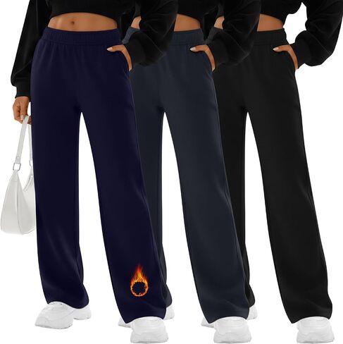3 Pack Women's Fleece Sweatpants Thermal Baggy Wide Leg High Waist Drawstring Lounge Winter Pants with Pockets in Saudi Arabia