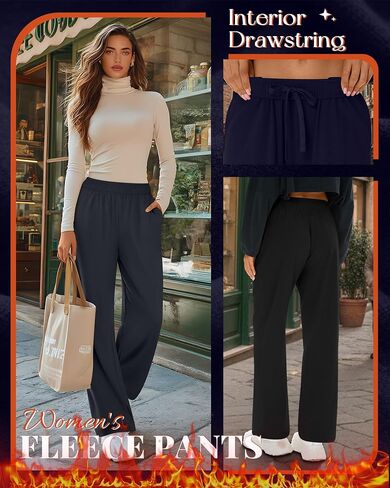 3 Pack Women's Fleece Sweatpants Thermal Baggy Wide Leg High Waist Drawstring Lounge Winter Pants with Pockets in Saudi Arabia