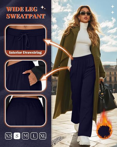 3 Pack Women's Fleece Sweatpants Thermal Baggy Wide Leg High Waist Drawstring Lounge Winter Pants with Pockets in Saudi Arabia