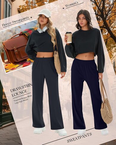 3 Pack Women's Fleece Sweatpants Thermal Baggy Wide Leg High Waist Drawstring Lounge Winter Pants with Pockets in Saudi Arabia