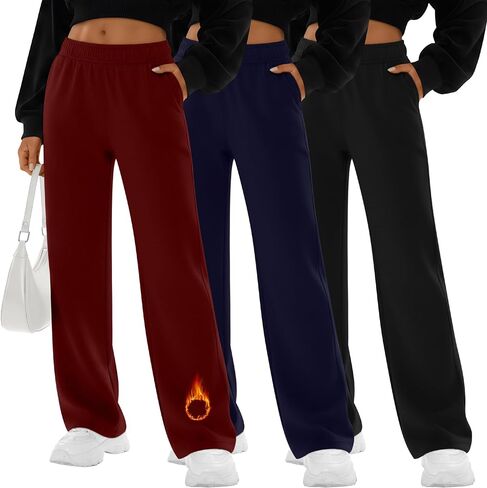 3 Pack Women's Fleece Sweatpants Thermal Baggy Wide Leg High Waist Drawstring Lounge Winter Pants with Pockets in Saudi Arabia
