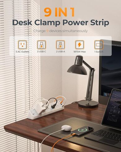 محطة مشبك المكتبي 10 أقدام ، محطة شحن مكتب الحامي Tessan 2100J ، 5 منافذ مع 4 منافذ USB (2 USB C) ، سلك توصيل مسطح مع منافذ متعددة لغرفة مساكن المكاتب المنزلية للألعاب in Saudi Arabia