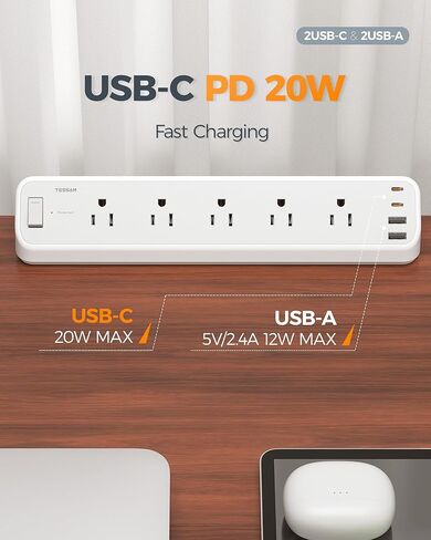 محطة مشبك المكتبي 10 أقدام ، محطة شحن مكتب الحامي Tessan 2100J ، 5 منافذ مع 4 منافذ USB (2 USB C) ، سلك توصيل مسطح مع منافذ متعددة لغرفة مساكن المكاتب المنزلية للألعاب in Saudi Arabia
