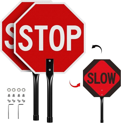 1 Pack Stop Slow Sign with Handle, 13"x13" Double Sided Stop/Slow Traffic Sign, Rust Free Reflective Aluminum, Fade & Weather Resistant, Waterproof, UV Protected, Easy to Mount and Read in Kuwait