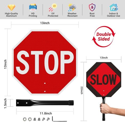1 Pack Stop Slow Sign with Handle, 13"x13" Double Sided Stop/Slow Traffic Sign, Rust Free Reflective Aluminum, Fade & Weather Resistant, Waterproof, UV Protected, Easy to Mount and Read in Kuwait