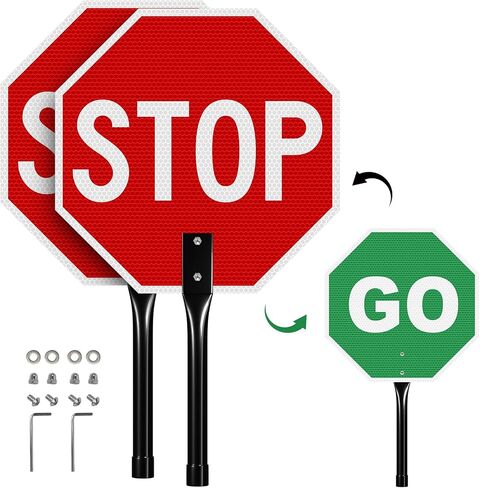 1 Pack Stop Slow Sign with Handle, 13"x13" Double Sided Stop/Slow Traffic Sign, Rust Free Reflective Aluminum, Fade & Weather Resistant, Waterproof, UV Protected, Easy to Mount and Read in Kuwait