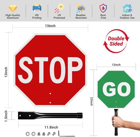 1 Pack Stop Slow Sign with Handle, 13"x13" Double Sided Stop/Slow Traffic Sign, Rust Free Reflective Aluminum, Fade & Weather Resistant, Waterproof, UV Protected, Easy to Mount and Read in Kuwait