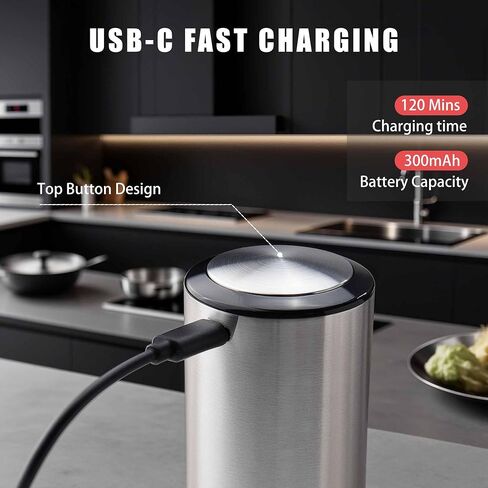 Electric Salt and Pepper Grinder Set, Rechargeable Automatic Pepper Mill Grinder with Led Light, One Hand Operation, Adjustable Coarseness, USB-C Recharging, Refillable, 95ml, Silver(2 Pack) in Saudi Arabia