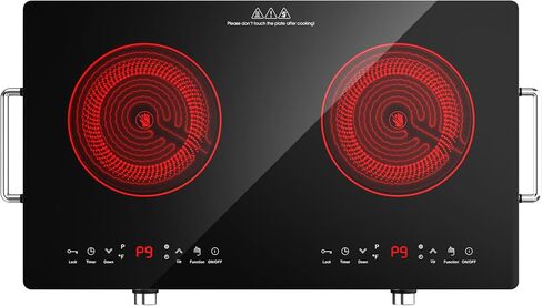 2 Burner Electric Cooktop - أعلى الموقد الكهربائي 12 بوصة مع قابس ، و 2100 واط شعلات كونترتوب وأعلى موقد مدمج ، و 9 مستويات من الطاقة ، والتحكم في المقبض ، وقفل سلامة الموقت والطفل ، وتحذير من الحرارة المتبقية in Kuwait