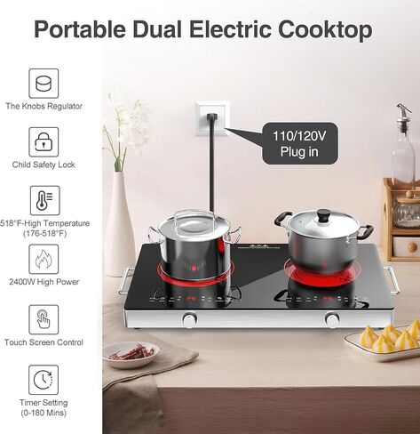 2 Burner Electric Cooktop - أعلى الموقد الكهربائي 12 بوصة مع قابس ، و 2100 واط شعلات كونترتوب وأعلى موقد مدمج ، و 9 مستويات من الطاقة ، والتحكم في المقبض ، وقفل سلامة الموقت والطفل ، وتحذير من الحرارة المتبقية in Kuwait