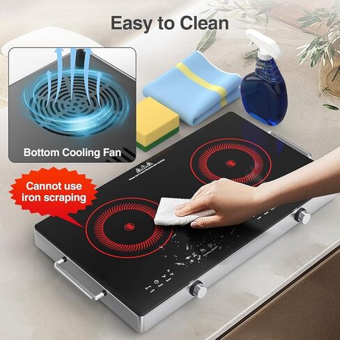 2 Burner Electric Cooktop - أعلى الموقد الكهربائي 12 بوصة مع قابس ، و 2100 واط شعلات كونترتوب وأعلى موقد مدمج ، و 9 مستويات من الطاقة ، والتحكم في المقبض ، وقفل سلامة الموقت والطفل ، وتحذير من الحرارة المتبقية in Kuwait