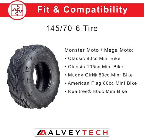 AlveyTech 145/70-6 V-Tread Tire for the Monster Moto/Mega Moto Classic (MM-B80) 80cc and Classic (MM-B105) 105cc Mini Bikes - Replacement Tubeless Tires for Mini Bike, Go-Kart, 4-Wheeler Quad ATV in Saudi Arabia