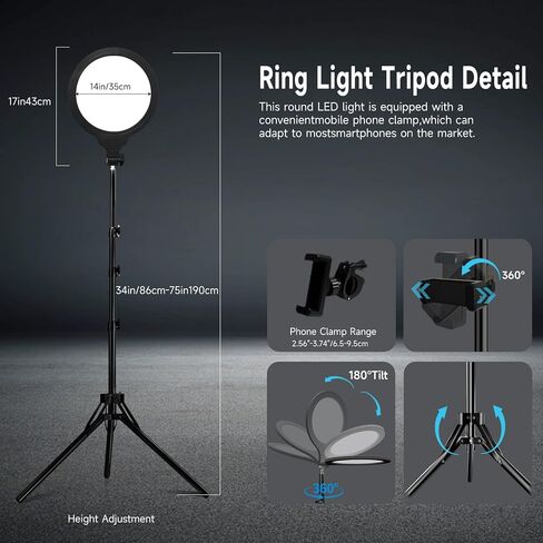 Ring Firm Tripod for iPhone ، 14 "Selfie Ring Light مع 63" حامل ثلاثي القوائم وحامل الهاتف ، وضوء LED احترافي لتسجيل الفيديو ، والتصوير الفوتوغرافي ، والمكياج ، والحلاقة ، و YouTube ، Tiktok in Kuwait