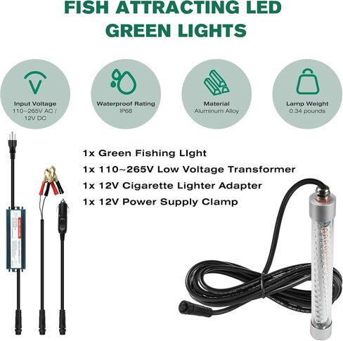 F3 110V & 12V Light Green Fishing Light 200W 20000lm ، أسماك قابلة للضايق تحت الماء تجذب الضوء لسلور Crappie Snook Bass Squid في الليل ، 5 ٪ ~ 100 ٪ باهت سطوع (حبل 33 قدم) in Kuwait