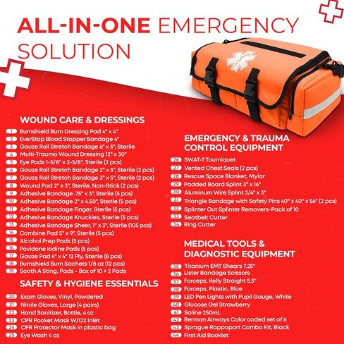حقيبة الصدمات EMT مجهزة بالكامل - مجموعة طبية تكتيكية أول مستجيب مع Trouniquet ، أختام الصدر المتنفيت ، الشاش مرقئ ، مقصات ، ضمادات ومستلزمات التحكم في النزيف - الأحمر in Saudi Arabia