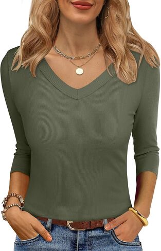 ANRABESS Shirts for Women 3/4 Sleeve V Neck Casual Ribbed Knit Tshirt Slim Fit Basic Tee Tops 2025 Fall Workout Tendy Clothes in Saudi Arabia
