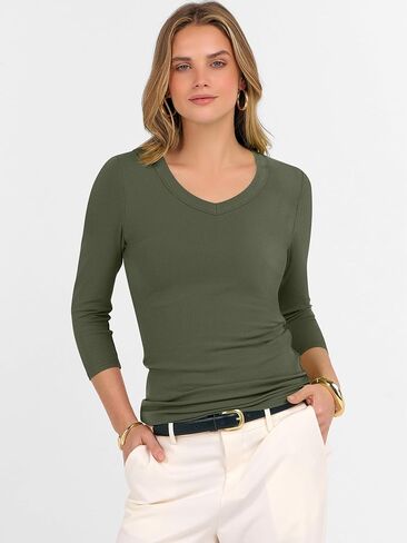 ANRABESS Shirts for Women 3/4 Sleeve V Neck Casual Ribbed Knit Tshirt Slim Fit Basic Tee Tops 2025 Fall Workout Tendy Clothes in Saudi Arabia