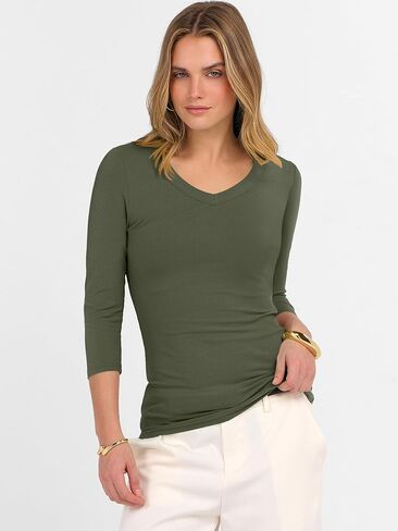 ANRABESS Shirts for Women 3/4 Sleeve V Neck Casual Ribbed Knit Tshirt Slim Fit Basic Tee Tops 2025 Fall Workout Tendy Clothes in Saudi Arabia