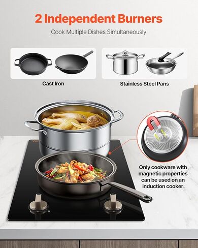 Vevor Induction Cooktop ، 1800 واط ، موقد كونترتوب كهربائي مع 9 إعدادات طاقة ، 2 موقد تحكم اللمس ، وموقد تحريض مدمج ، يشمل توقيت 99 دقيقة ، قفل أمان الطفل ، سطح زجاجي in Kuwait