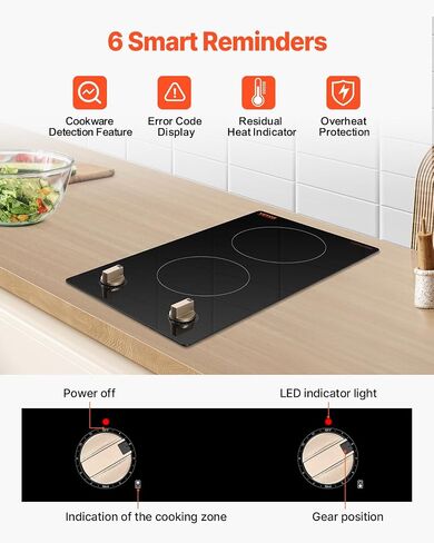 Vevor Induction Cooktop ، 1800 واط ، موقد كونترتوب كهربائي مع 9 إعدادات طاقة ، 2 موقد تحكم اللمس ، وموقد تحريض مدمج ، يشمل توقيت 99 دقيقة ، قفل أمان الطفل ، سطح زجاجي in Kuwait