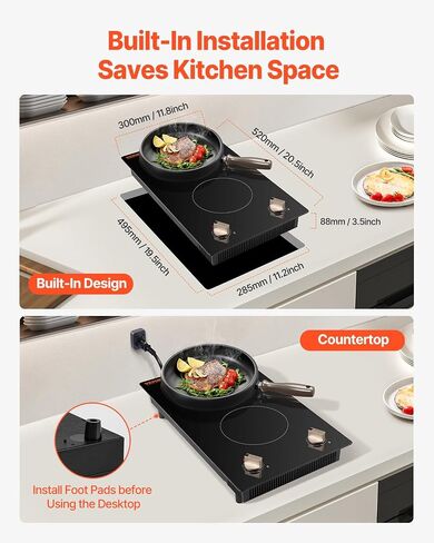 Vevor Induction Cooktop ، 1800 واط ، موقد كونترتوب كهربائي مع 9 إعدادات طاقة ، 2 موقد تحكم اللمس ، وموقد تحريض مدمج ، يشمل توقيت 99 دقيقة ، قفل أمان الطفل ، سطح زجاجي in Kuwait