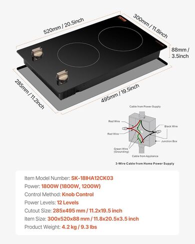 Vevor Induction Cooktop ، 1800 واط ، موقد كونترتوب كهربائي مع 9 إعدادات طاقة ، 2 موقد تحكم اللمس ، وموقد تحريض مدمج ، يشمل توقيت 99 دقيقة ، قفل أمان الطفل ، سطح زجاجي in Kuwait