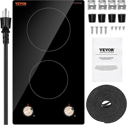 Vevor Induction Cooktop ، 1800 واط ، موقد كونترتوب كهربائي مع 9 إعدادات طاقة ، 2 موقد تحكم اللمس ، وموقد تحريض مدمج ، يشمل توقيت 99 دقيقة ، قفل أمان الطفل ، سطح زجاجي in Kuwait