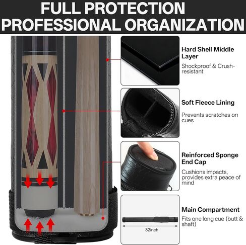 AKLOT 1×1 Pool Stick Case, Hard Billiard Pool Cue Cases for 1 Complete 2-Piece Cue (Holds 1 Butt, 1 Shaft), Faux Crocodile Leather Billiard Carrying Case/Bag with Detachable Pocket in Kuwait