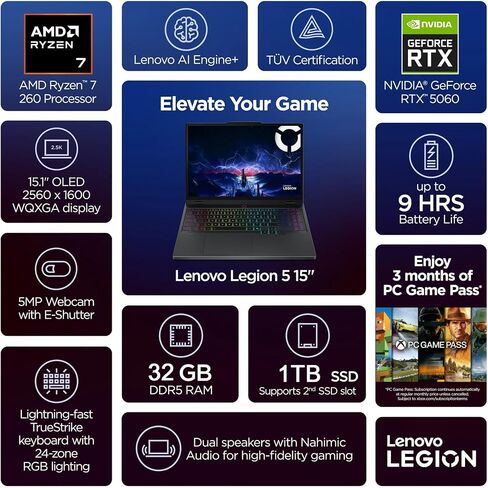 Lenovo Legion 5 15.1" OLED WQXGA 165HZ Gaming Notebook AMD Ryzen 7 260 16GB RAM 512GB SSD NVIDIA GeForce RTX 5060 Eclipse Black in Saudi Arabia