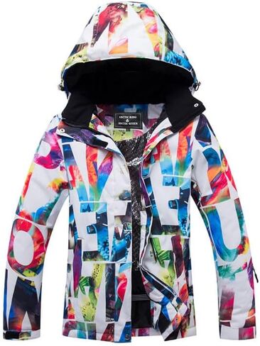 Colorful Ski Jacket With Hood, Winter Sports Snowboard Coat, Multi-Color Abstract Print Design, Waterproof Outerwear in Saudi Arabia