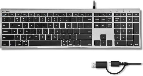 Macally USB C Keyboard (Upgraded) - Dual USB A + C Plug - Wired Keyboard for Mac - Ultra Slim, 20 Shortcuts, 110 Scissor Keys - for MacBook Pro/Air, Mac mini, iMac, iPad - Silver in Saudi Arabia