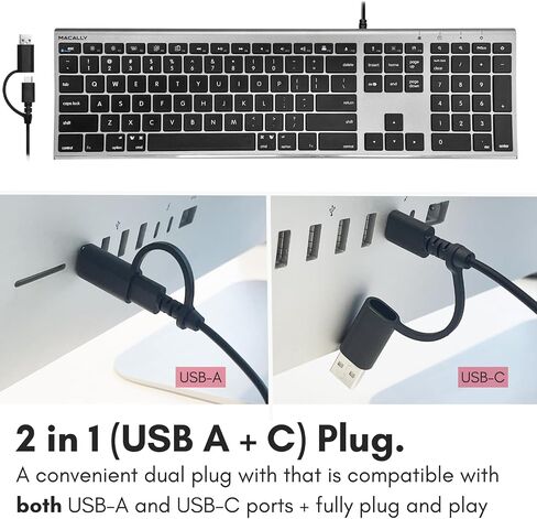 Macally USB C Keyboard (Upgraded) - Dual USB A + C Plug - Wired Keyboard for Mac - Ultra Slim, 20 Shortcuts, 110 Scissor Keys - for MacBook Pro/Air, Mac mini, iMac, iPad - Silver in Saudi Arabia