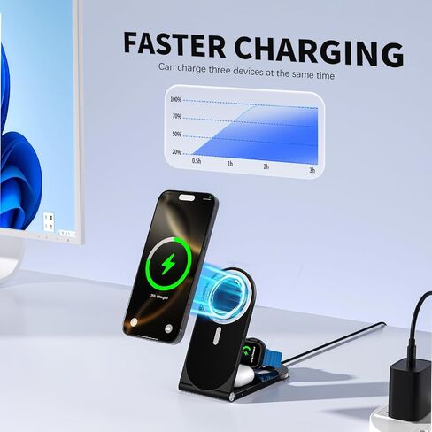 محطة الشحن اللاسلكية ، قابلة للطي 3 في 1 شاحن سفر قابل للطي (أسود) 20W محول ، شاحن مغناطيسي لشاحن Magsafe لـ iPhone16/15/14/13/20 و Airpods و iWatch in Kuwait