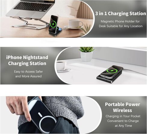 محطة الشحن اللاسلكية ، قابلة للطي 3 في 1 شاحن سفر قابل للطي (أسود) 20W محول ، شاحن مغناطيسي لشاحن Magsafe لـ iPhone16/15/14/13/20 و Airpods و iWatch in Kuwait