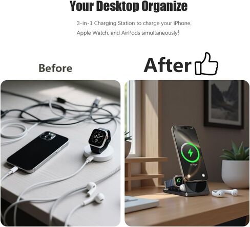 محطة الشحن اللاسلكية ، قابلة للطي 3 في 1 شاحن سفر قابل للطي (أسود) 20W محول ، شاحن مغناطيسي لشاحن Magsafe لـ iPhone16/15/14/13/20 و Airpods و iWatch in Kuwait