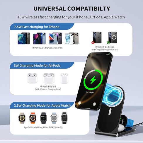 محطة الشحن اللاسلكية ، قابلة للطي 3 في 1 شاحن سفر قابل للطي (أسود) 20W محول ، شاحن مغناطيسي لشاحن Magsafe لـ iPhone16/15/14/13/20 و Airpods و iWatch in Kuwait