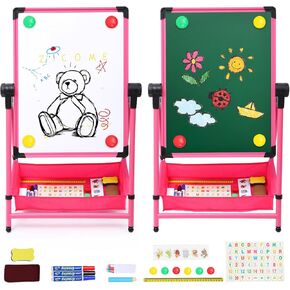 حامل فني للأطفال ذو وجهين مصمم بوظيفة ارتفاع قابلة للتعديل وحقيبة تخزين كبيرة سبورة بيضاء وسبورة سبورة دوارة 360 درجة للأطفال الصغار (26 بوصة - 43 بوصة) in Kuwait