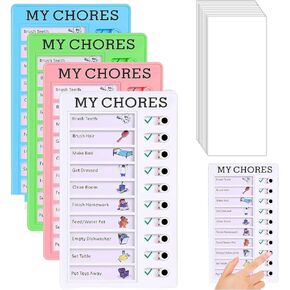 4 Pcs Chore Chart for Kids Multiple Kids, Plastic Checklist Board with 20 Detachable Cardstock Reusable to Do List for Home Routine Planning(Multicolored)