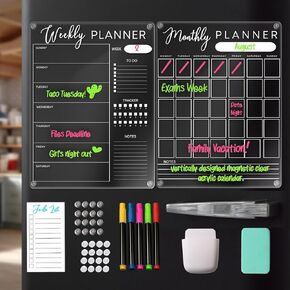 تقويم أكريليك للثلاجة - مجموعة من لوحتين للمسح الجاف لتقويم الثلاجة المغناطيسي - لوحة تقويم مغناطيسية فارغة مقاس 16 × 12 بوصة - 5 أقلام تلوين وقائمة مغناطيسية للمهام - مصممة لارتفاع كتابتك in Kuwait