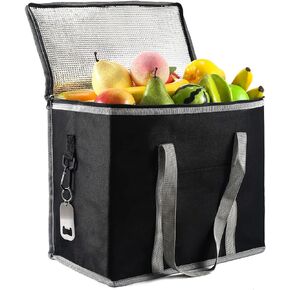 حقيبة تبريد، حقيبة توصيل الطعام المعزولة، حقائب البقالة، حقائب تبريد كبيرة مع سحاب علوي، حقيبة تسوق حرارية قابلة لإعادة الاستخدام للبقالة، تقديم الطعام، البيتزا، تدفئة الطعام المجمد الساخن، السفر، النزهة باللون الأسود in Kuwait