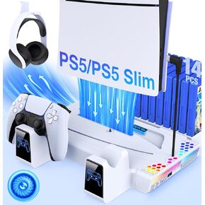 Kawaye لمحطة تبريد PS5 رفيعة مع شاحن وحدة تحكم لوحدة تحكم PS5/Slim، لملحقات PS5 حامل عمودي بما في ذلك مروحة تبريد 3 مستويات، ضوء RGB، حامل سماعة رأس، 14 فتحة ألعاب in Kuwait
