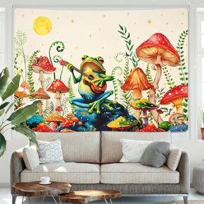 Uspring Funny Frog Tapestry Blue Mushroom Tapestries Moon Stars Wall Tapestry Large Plants Tapestry for Bedroom Hippie Aesthetic Tapestry Wall Hanging (Black Background, 51.2 x 59.1 inches)