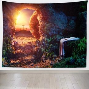 BELECO Jesus Tapestry Empty Tomb Jesus Crucifixion Shroud Art Wall Decor Resurrection of Jesus Backdrop with Cross Tapestry Easter Backdrop Church Poster Home Decor for Bedroom Living Room Dorm Room