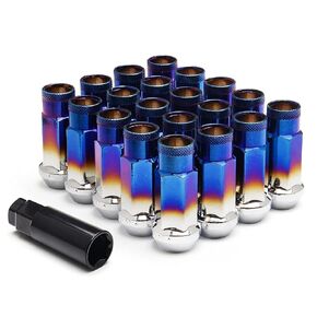 Piodelo 20 Pieces Chrome Lug Nuts, M12x1.25 Open End Wheel Nuts, Taper Acorn Seat, Closed End Bulge Acorn Lug Nut, Forged Locknut Racing Nut Set with 1 Nut Socket Key Fit for Various Cars- Black