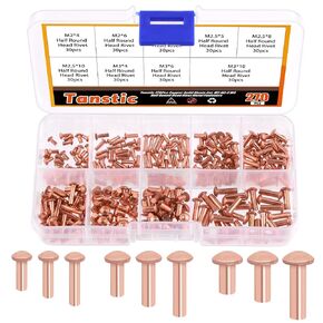 Tanstic 270Pcs Flat Head Copper Solid Rivets, M2x4/6/8, M2.5x5/8/10, M3x4/6/10 Solid Copper Rivets Fasteners for Electrical Applications Copper Finish Copper Tone