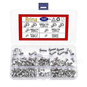 Rrina 147Pcs Solid Aluminum Round Head Rivets M5 M6 M8 Assortment Kit 5 Sizes