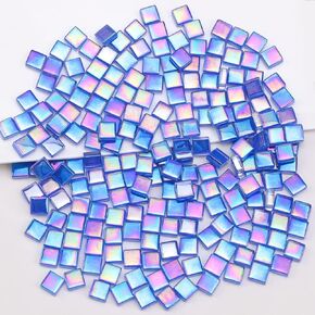 Iridescent Glass Mosaic Tiles for Crafts Bulk Square Blue Mosaic Pieces Glass Tile Kit for Adult 160pcs Glitter DIY Decoration Art Handmade Creative Puzzle Kits