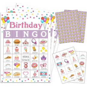 mermermu 5"x7" Birthday Bingo Game Cards (24 Kinds), Birthday Party Game, Outdoor Indoor, Hiking, Trip Activities, Family Vacation Travel Bingo, Activity Games -009bday