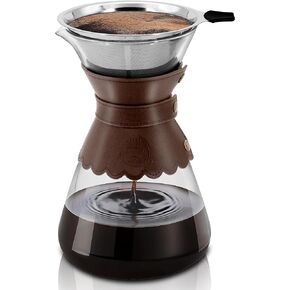 YMMIND 34oz Pour Over Coffee Maker with Double Layer Stainless Steel Filter, Borosilicate Glass Dripper, Detachable Heat-Resistant Leather Pad 7-8 Cups Coffee Maker Carafe（Dark brown）